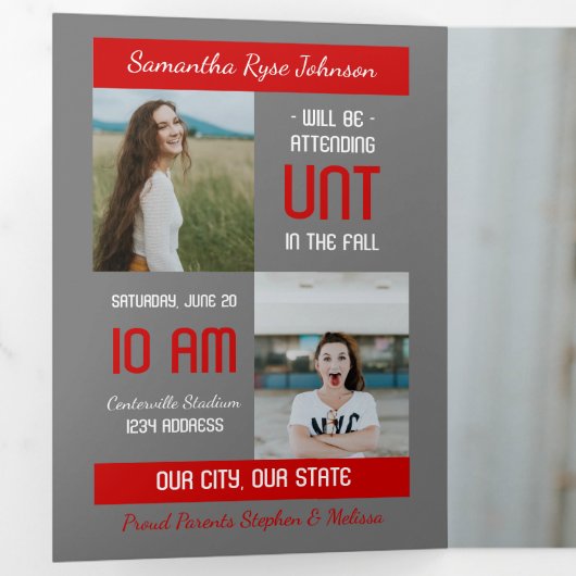 Red Modern Block 5-Photo Afstuderen Drieluik Uitnodiging (Binnenzijde eerst)