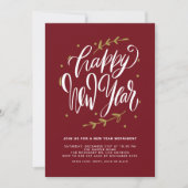 Red Modern Calligraphy and Wreath New Year Party Kaart (Voorkant)