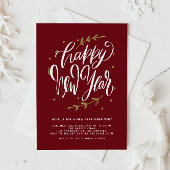 Red Modern Calligraphy and Wreath New Year Party Kaart