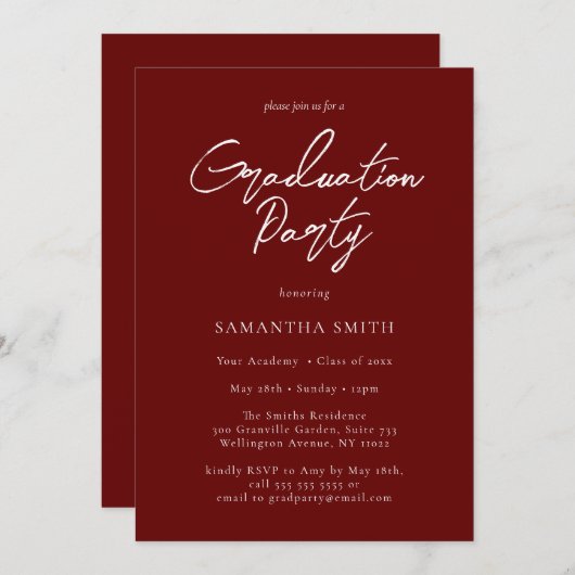 Red Modern Calligraphy Script Graduation Party Kaart (Voorkant / Achterkant)