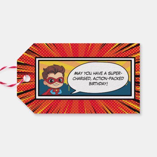 Red Modern Cartoon Superhero Comic Book Gift Label Cadeaulabel (Achterkant Horizontaal)