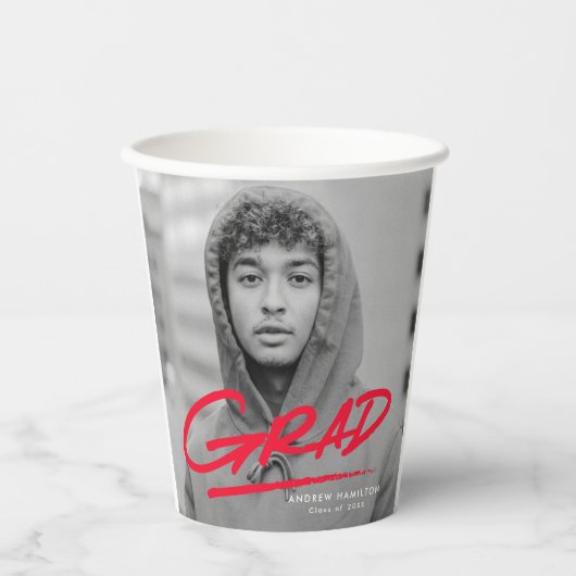 Red Modern Dashed Afstudeerder Foto Afstuderen Papieren Bekers (Voorkant)