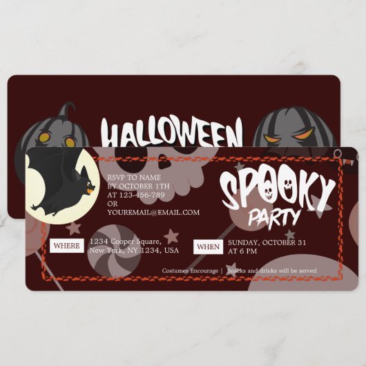 Red Modern & Elegant Halloween Spooky Party Ticket Save The Date (Voorkant / Achterkant)