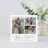 Red Modern Elegant Merry & Married Script 3 Foto Feestdagenkaart (Staand voorkant)