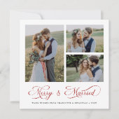 Red Modern Elegant Merry & Married Script 3 Foto Feestdagenkaart (Voorkant)