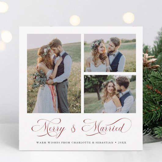 Red Modern Elegant Merry & Married Script 3 Foto Feestdagenkaart