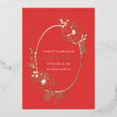 Red Modern Floral Sketch Oval Save the Date Folie Uitnodiging (Voorkant)