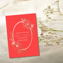 Red Modern Floral Sketch Oval Save the Date