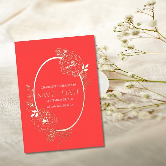 Red Modern Floral Sketch Oval Save the Date Folie Uitnodiging