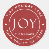 Red Modern Joy Holiday Retouradres Ronde Sticker (Voorkant)