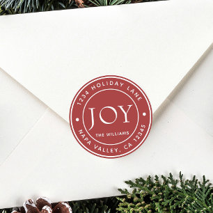 Red Modern Joy Holiday Retouradres Ronde Sticker