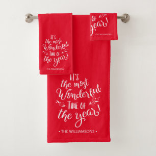 Red Modern kersttypografie op maat Bad Handdoek