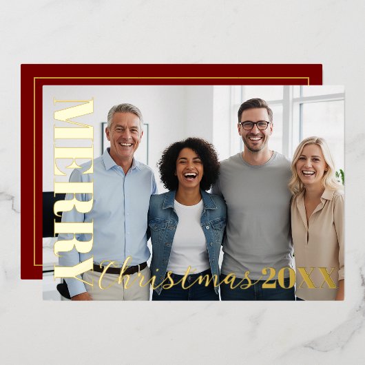 Red Modern Merry Christmas Company Logo Photo Gold Folie Feestdagenkaart (Voorkant / Achterkant)
