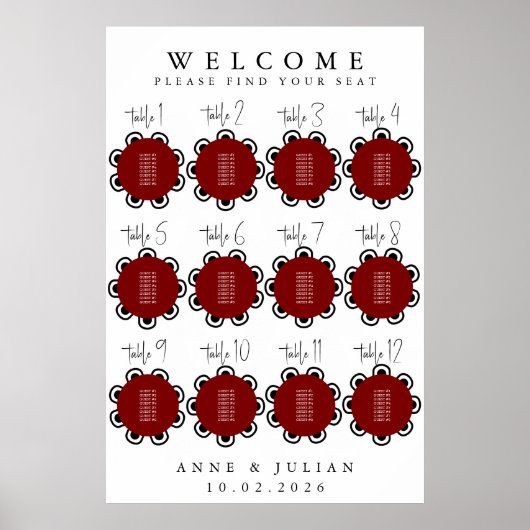 Red Modern Minimal Wedding Seating Chart Poster (Voorkant)