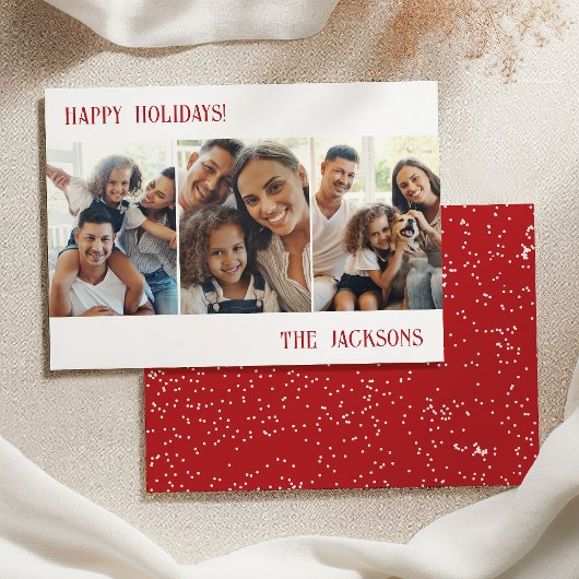 Red Modern Photo Collage Holiday Kaart met sneeuw
