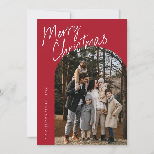 Red Modern Script Merry Christmas Arch 2 Foto Feestdagenkaart (Voorkant)