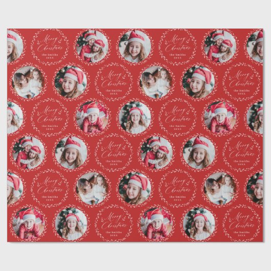 Red Modern Script Merry Christmas Family 6 photo Cadeaupapier (Vlak)