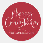 Red Modern Simple Calligraphy Merry Kerstry Ronde Sticker (Voorkant)