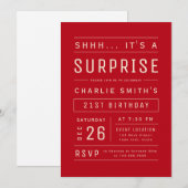 Red Modern Simple Typography Surprise Birthday Inv Kaart (Voorkant / Achterkant)