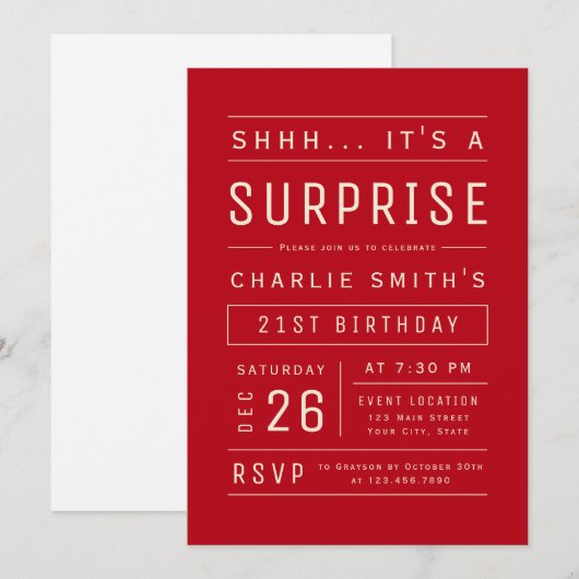 Red Modern Simple Typography Surprise Birthday Inv Kaart (Voorkant / Achterkant)