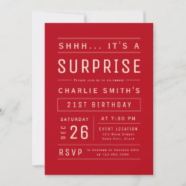 Red Modern Simple Typography Surprise Birthday Inv Kaart