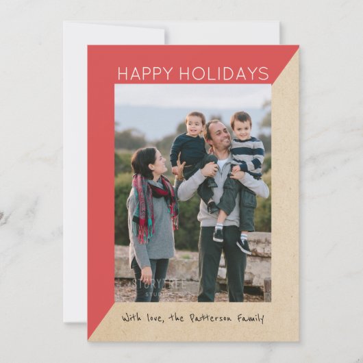 Red Modern Slant Holiday Photo Flat Kaart (Voorkant)