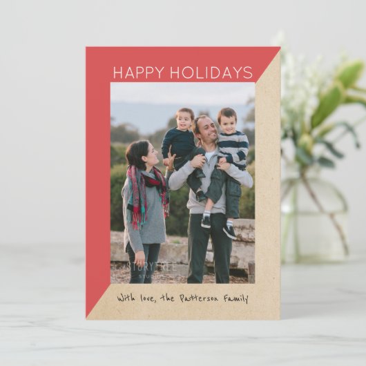Red Modern Slant Holiday Photo Flat Kaart (Staand voorkant)