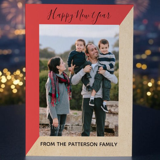 Red Modern Slant New Year's Photo Flat Kaart