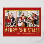 Red Modern Typografie Photo Collage Kerstmis Folie Feestdagen Briefkaart<br><div class="desc">Vrolijk kerstfeest! Verstuur je familie en vrienden een warm hart toe met dit aanpasbare kerstfotocollage-briefkaart. Het biedt moderne,  eenvoudige typografie. Personaliseer door drie foto's,  namen,  jaar en andere details toe te voegen. Dit gouden briefkaart met bladkerst is verkrijgbaar in andere kleuren en in kartonnen dozen.</div>