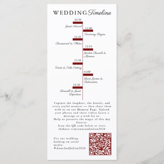 Red Modern  Wedding Timeline and Party QR Code Programmakaart (Achterkant)