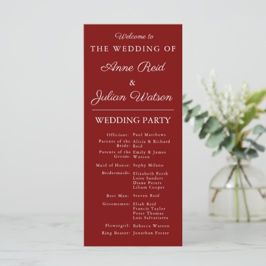 Red Modern  Wedding Timeline and Party QR Code Programmakaart (Staand voorkant)