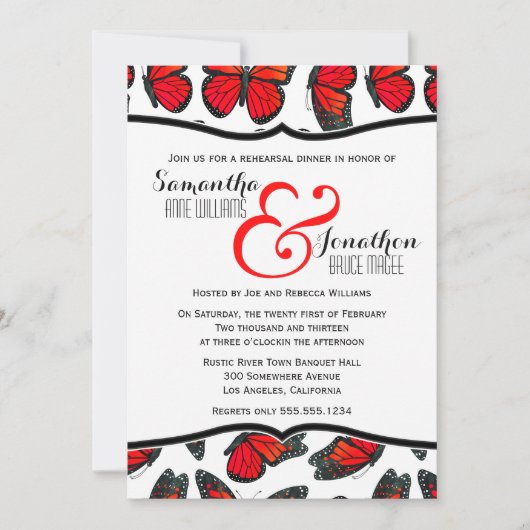 Red Monarch Butterfly Reheasal Dinner Invitation Kaart (Voorkant)
