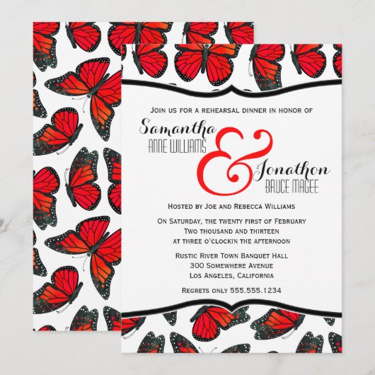 Red Monarch Butterfly Reheasal Dinner Invitation Kaart (Voorkant / Achterkant)