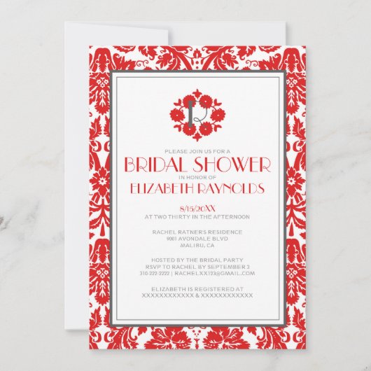 Red Monogram Damask Bridal Shower Invitations Kaart (Voorkant)