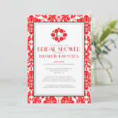 Red Monogram Damask Bridal Shower Invitations Kaart (Staand voorkant)