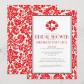 Red Monogram Damask Bridal Shower Invitations Kaart (Voorkant / Achterkant)