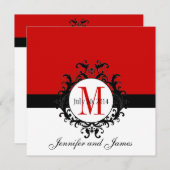 Red Monogram Damask Wedding Invitations Kaart (Voorkant / Achterkant)