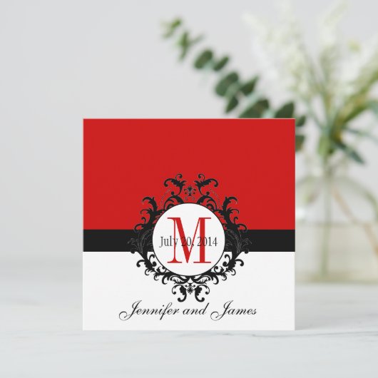 Red Monogram Damask Wedding Invitations Kaart (Staand voorkant)