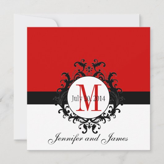 Red Monogram Damask Wedding Invitations Kaart (Voorkant)