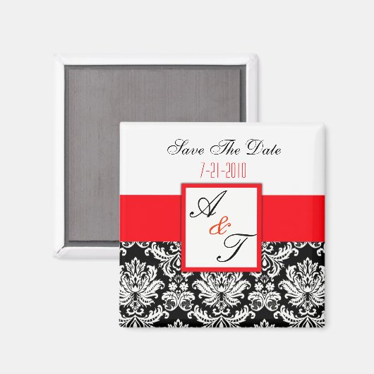 Red Monogram Damask Wedding Magnet (Voorkant / Achterkant)