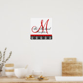 Red Monogram Damask Wedding Reception Poster (Keuken)