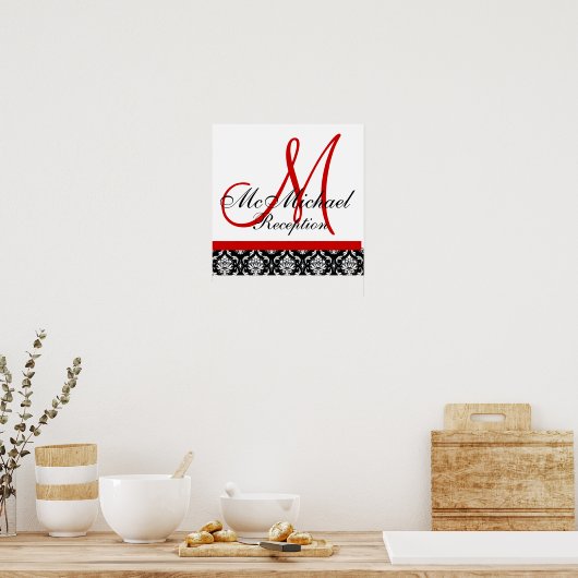 Red Monogram Damask Wedding Reception Poster (Keuken)