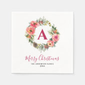 Red Monogram Greenery Pink Wreath Christmas Party Servet (Voorkant)