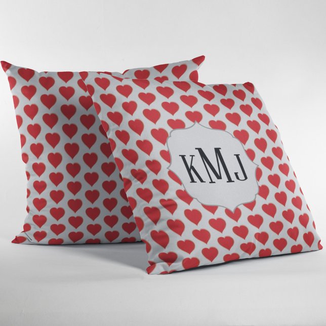 Red Monogram Heart Pattern Custom Kussen (Cute heart pattern monogram pillow. )