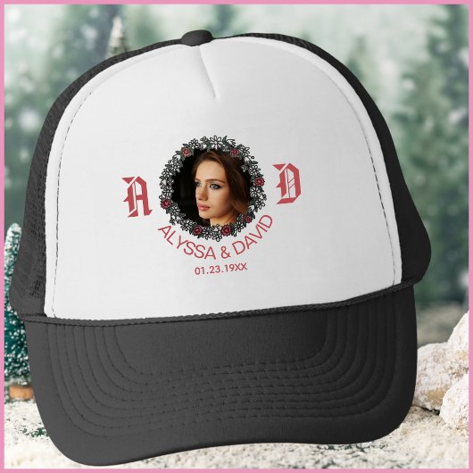 Red Monogram Husbands Photo Wedding Anniversary Trucker Pet