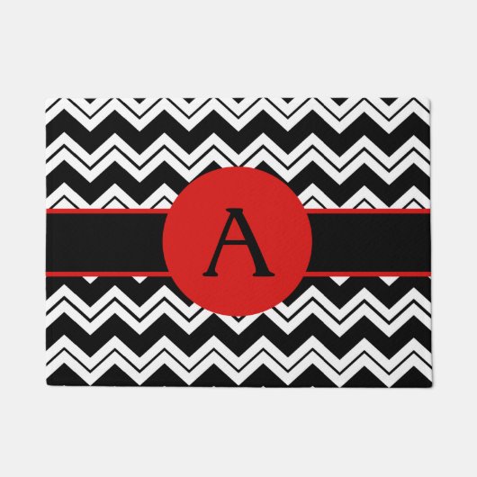 Red Monogram Initiaal Black White Chevron ZigZag Deurmat (Voorkant)