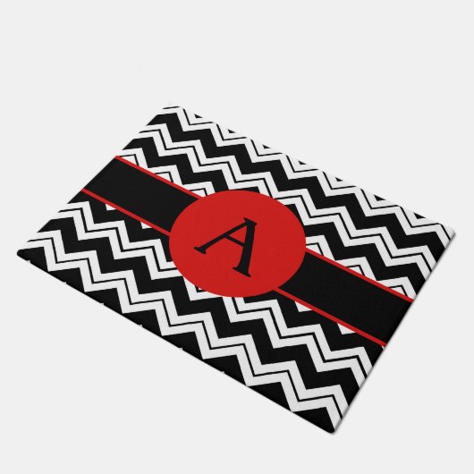 Red Monogram Initiaal Black White Chevron ZigZag Deurmat (Schuin)