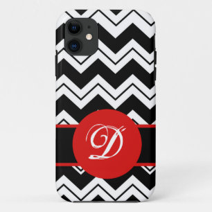 Red Monogram Initiaal Black White Chevron ZizZag iPhone 11 Hoesje