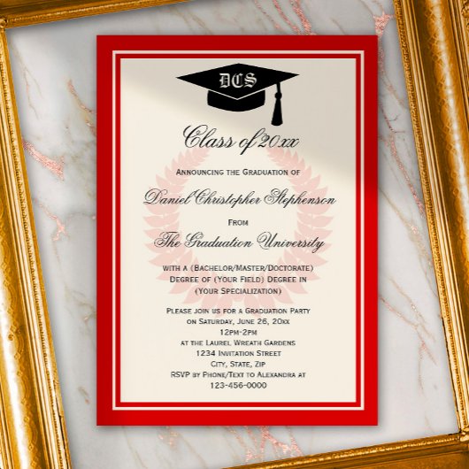 Red Monogram Laurel Classic College Graduation Kaart