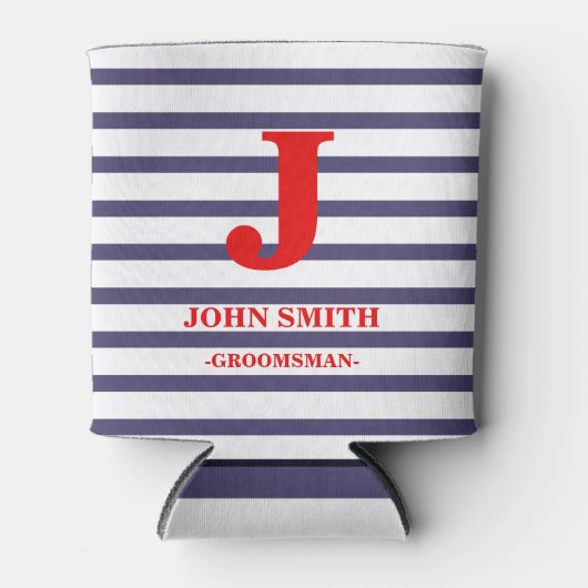 Red Monogram Navy Blue White Stripes Pattern Blikjeskoeler (Voorkant)